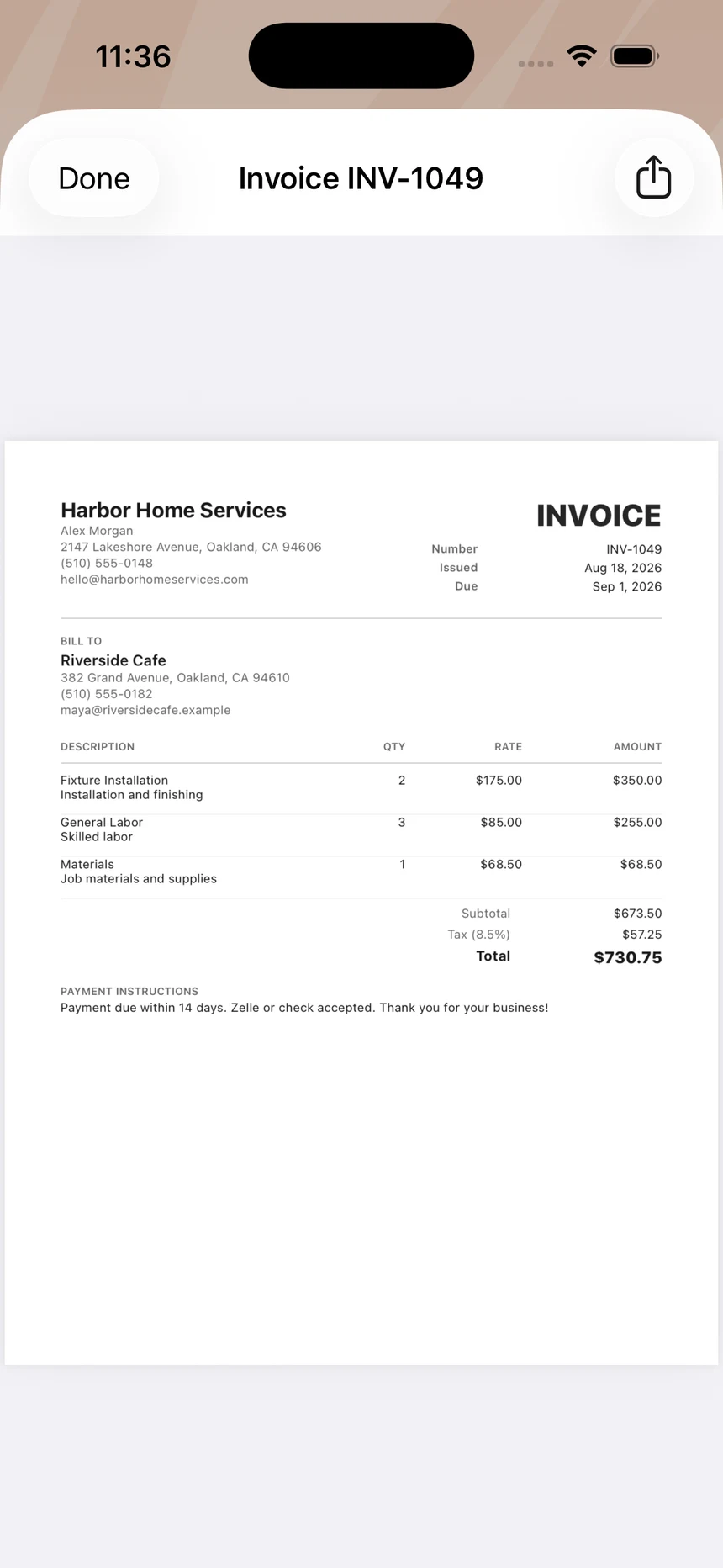 A finished invoice previewed in the app: the business name and contact details, the customer billed, three described line items with quantities and rates, a subtotal, tax and total, and payment instructions underneath.